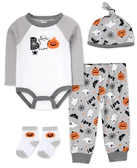 Baby Essentials Boys' My First Halloween Bear Bodysuit, Jogger Pants, Socks and Hat, 4-Piece Set