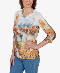 Alfred Dunner Petite Autumn Lake Scenic Print Top