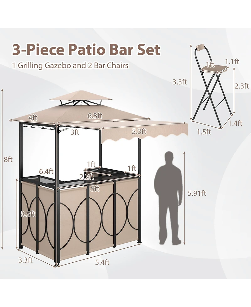 Gymax 3-Piece Outdoor Bbq Canopy w/ Bar Table and 2 Foldable Chairs Set for Patio