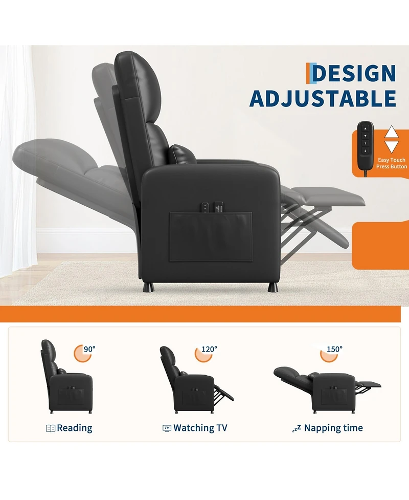 homfan Ergonomic Pu Leather Power Recliner for Adults, Adjustable Single Sofa with Tall Back, Wide Arms, Padded Seat and Side Pocket
