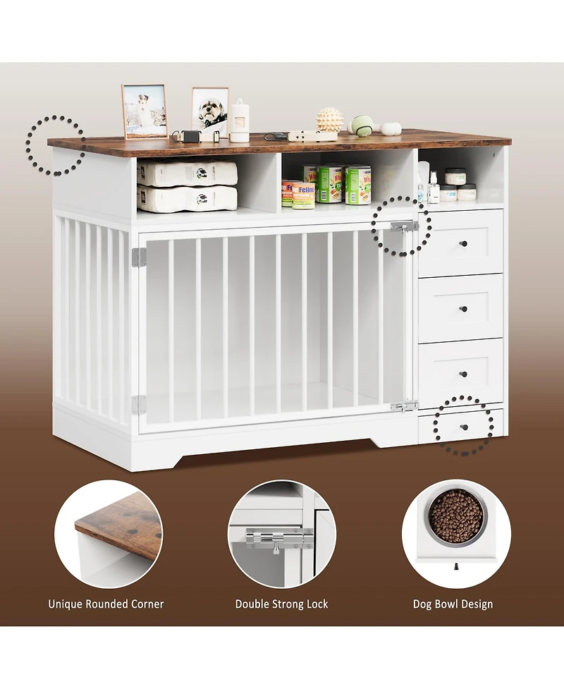 Homfan Furniture Style Dog Crate Cabinet with Feeding Bowls