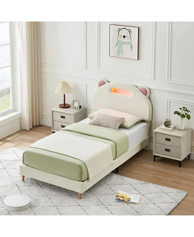 homfan Twin Upholstered Platform Led Bed Frame with Lights, Wooden Slats, No Box Spring Required, Noise-Free, Easy Assembly