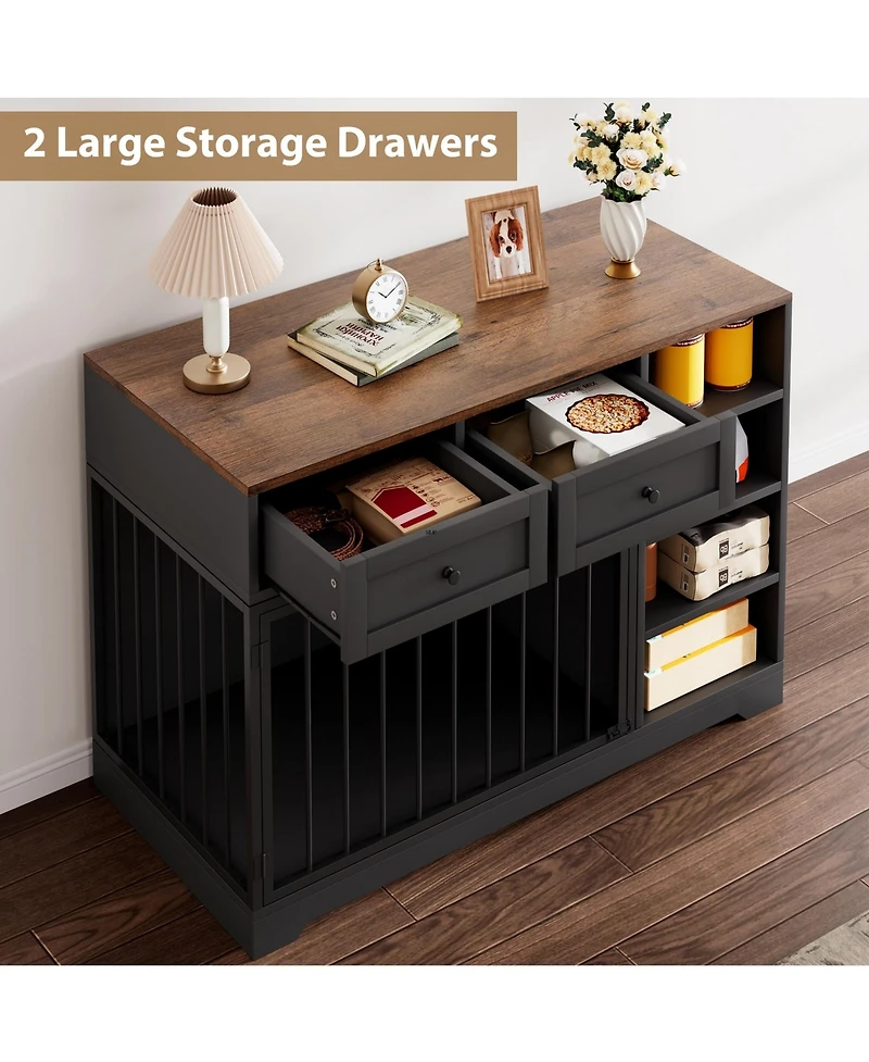 homfan Dog Crate Furniture, 47 Inch Wooden Indoor Kennel Tv Stand with 2 Drawers and 4 Shelves for Medium Large Dogs