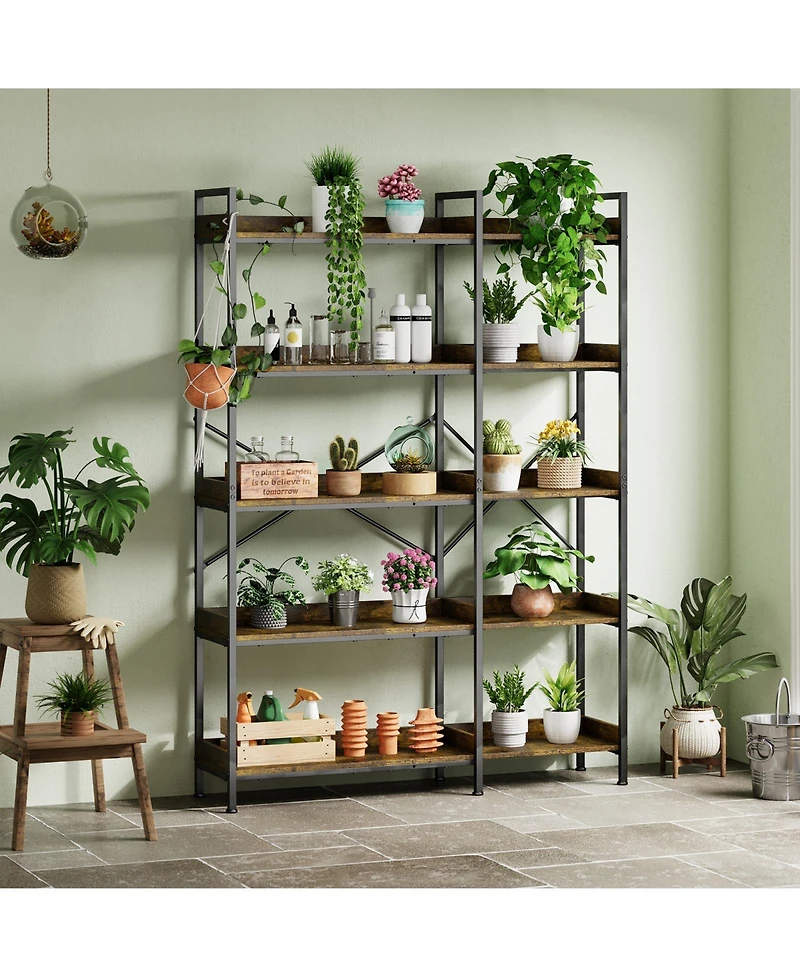 homfan 5-Tier Wide Bookshelf Rustic Wooden Shelving Unit for Bedroom, Living Room, Home or Office, Display Shelf with Character