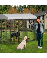 homfan Outdoor Dog Kennel Heavy Duty Metal Cage with Waterproof Roof and Security Lock, Feeding Door and Bowl for Large Dogs
