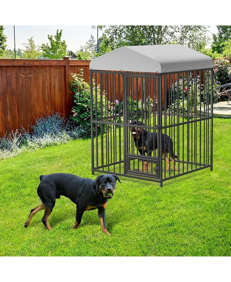 homfan Outdoor Dog Kennel Heavy Duty Metal Cage with Waterproof Roof, Security Lock, Feeding Door and Bowl for Large Dogs