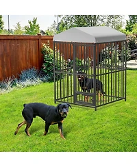 homfan Outdoor Dog Kennel Heavy Duty Metal Cage with Waterproof Roof, Security Lock, Feeding Door and Bowl for Large Dogs