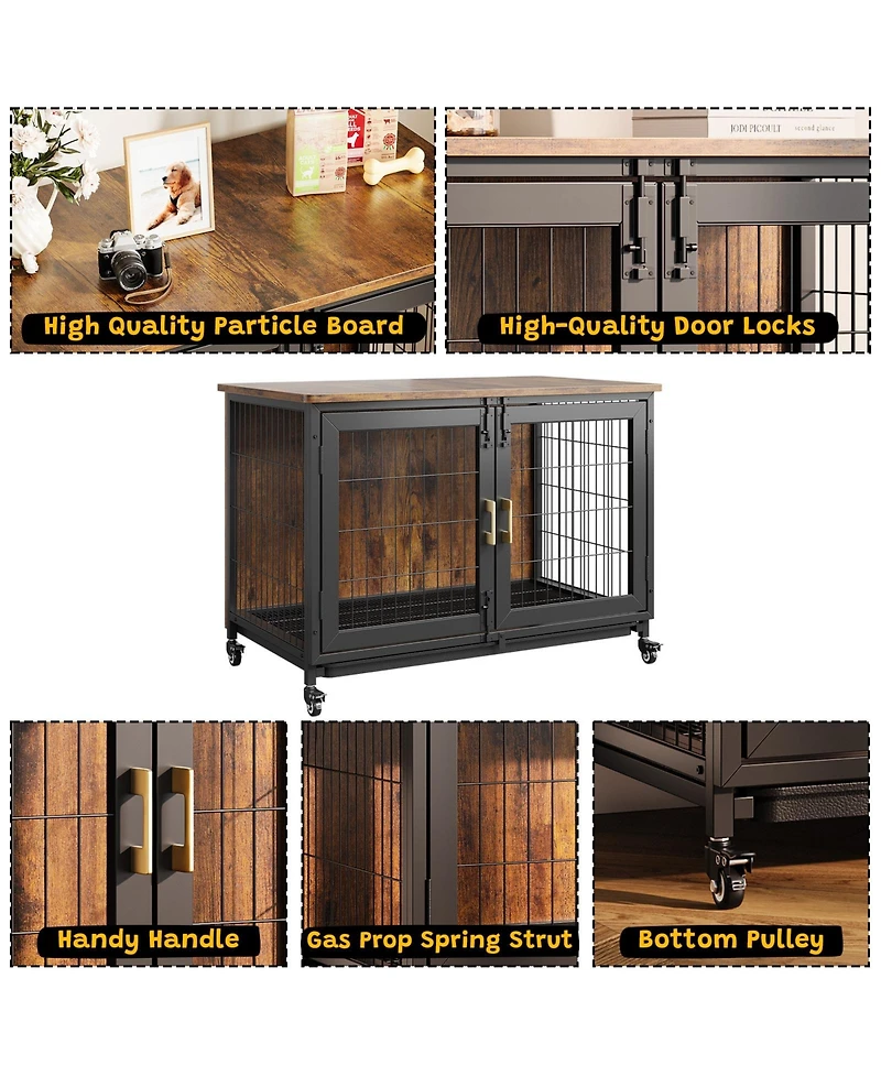 homfan Decorative Dog Crate Wooden Kennel with Wheels and Removable Tray for Small to Medium Dogs Up to 66 lbs