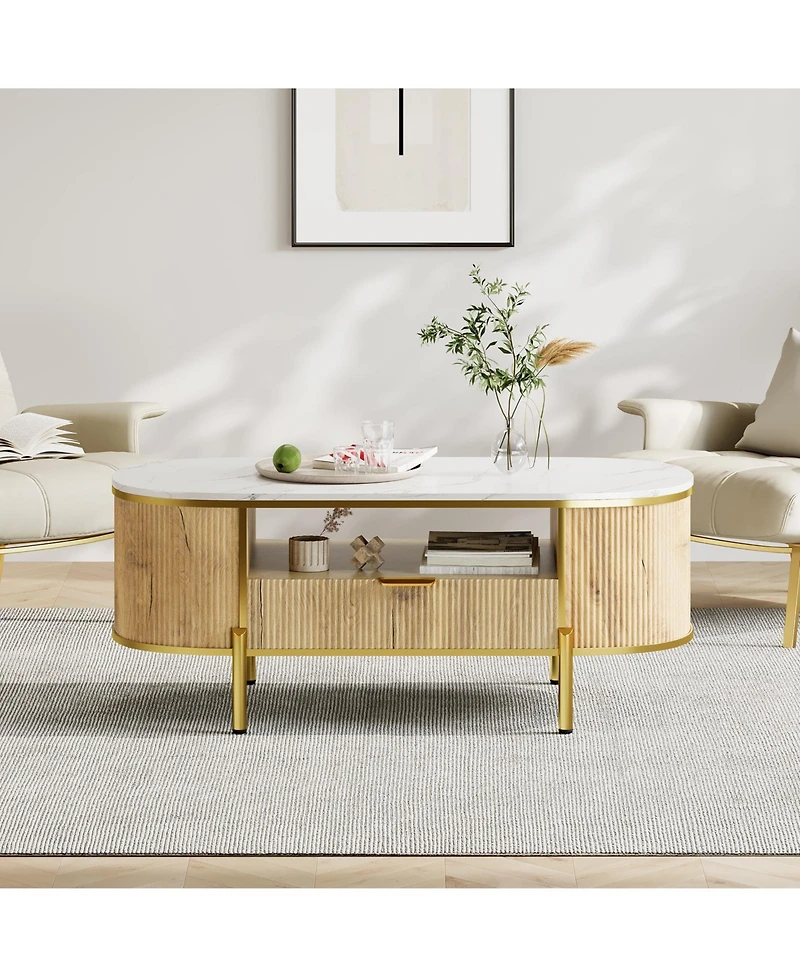 homfan Modern Oval Fluted Coffee Table, Faux Marble Top, 2-Tier Storage Shelf, Drawer, Metal Legs, Elegant Center Table for Living Room, Apartment