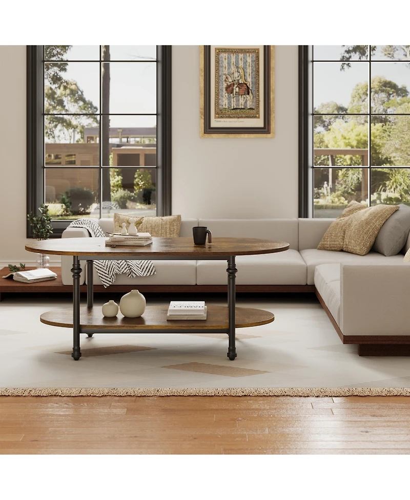 homfan Modern 2-Tier Oval Coffee Table - Fluted Faux Marble Top, Drawer Storage, Metal Frame - Stylish Living Room Center Table for Small Spaces