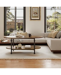 homfan Modern 2-Tier Oval Coffee Table - Fluted Faux Marble Top, Drawer Storage, Metal Frame - Stylish Living Room Center Table for Small Spaces