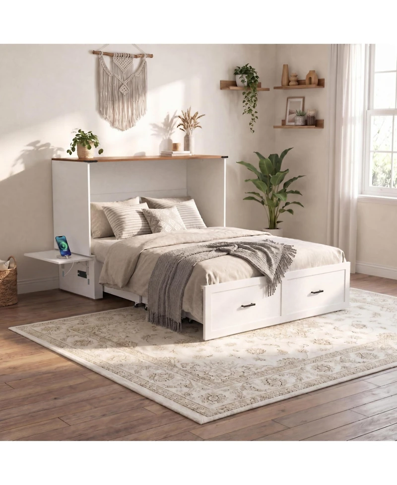 homfan Murphy Chest Bed with Drawer and Charging Station, Farmhouse Space Saving Hidden Folding Bed, Storage Cabinet Bed for Bedroom Office