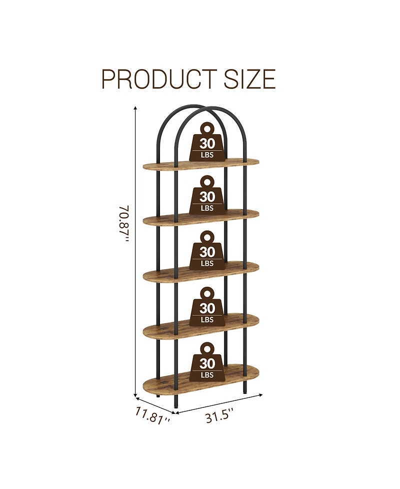 homfan 71" Tall 5-Tier Arched Bookshelf Metal Frame Open Storage Rack with Anti-Tipping Straps and Adjustable Feet for Bedroom Living Room Office
