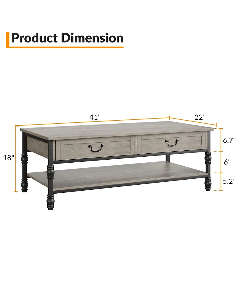 homfan 41" Rustic Rectangle Coffee Table with 2 Drawers and Open Shelf, Mid Century Retro Cocktail Table with Storage