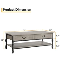homfan 41" Rustic Rectangle Coffee Table with 2 Drawers and Open Shelf, Mid Century Retro Cocktail Table with Storage