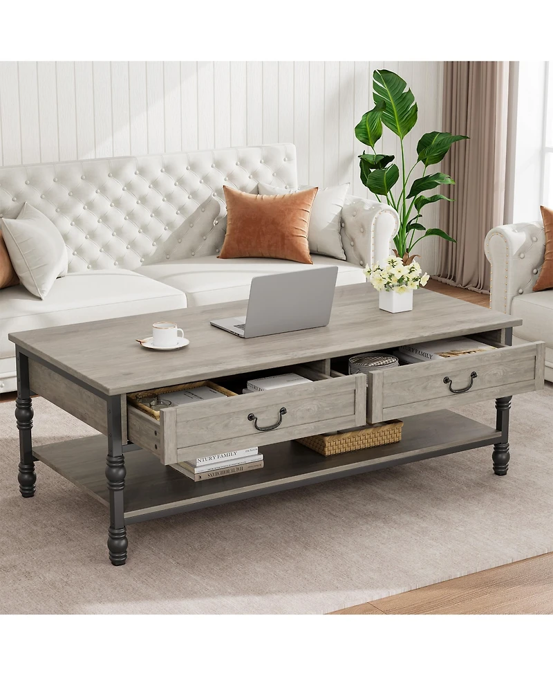 homfan 41" Rustic Rectangle Coffee Table with 2 Drawers and Open Shelf, Mid Century Retro Cocktail Table with Storage