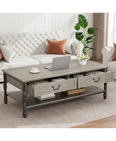 homfan 41" Rustic Rectangle Coffee Table with 2 Drawers and Open Shelf, Mid Century Retro Cocktail Table with Storage