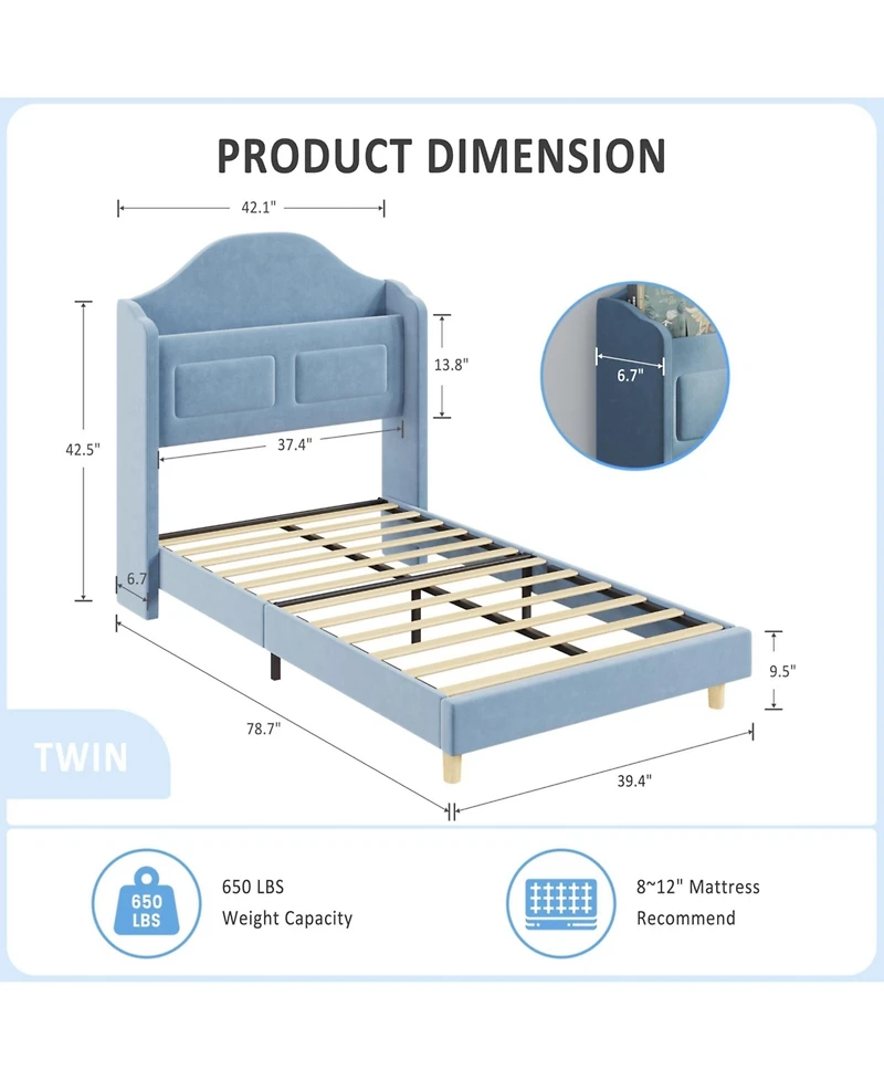 homfan Upholstered Twin Kids Bed with Soft Padded Headboard Led Night Light, Storage, Sturdy Iron and Plywood Frame, Easy Assembly