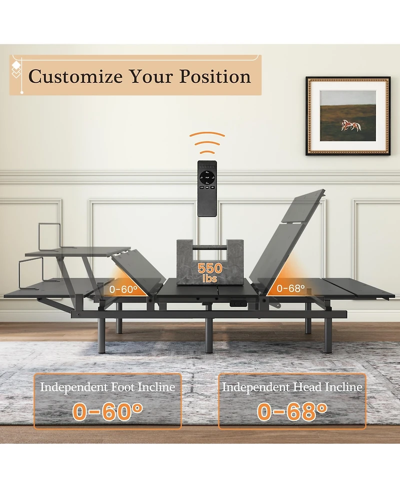 homfan Adjustable Bed Frame, Wireless Remote, Memory Function, Base Head and Foot Lift Incline, Quiet Motor for Reading Watching Tv Fatigue Backache