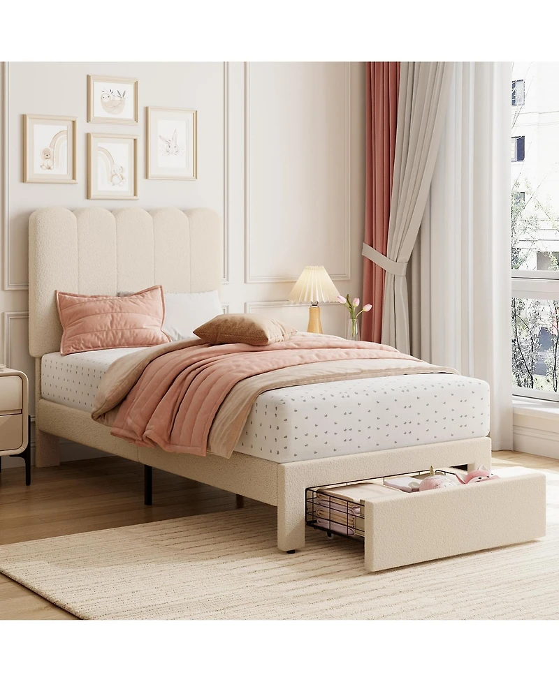 homfan 2 Sets Twin Bed Frame with Under Bed Drawer, Upholstered Platform Bed with Wave Headboard for Kids, Wooden Slats Support, No Box Spring Needed