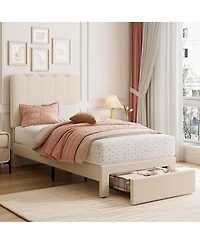 homfan 2 Sets Twin Bed Frame with Under Bed Drawer, Upholstered Platform Bed with Wave Headboard for Kids, Wooden Slats Support, No Box Spring Needed