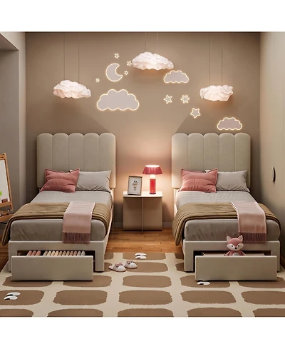 homfan 2 Sets Twin Bed Frame with Under Bed Drawer, Upholstered Platform Bed with Wave Headboard for Kids, Wooden Slats Support, No Box Spring Needed