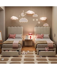 homfan 2 Sets Twin Bed Frame with Under Bed Drawer, Upholstered Platform Bed with Wave Headboard for Kids, Wooden Slats Support, No Box Spring Needed