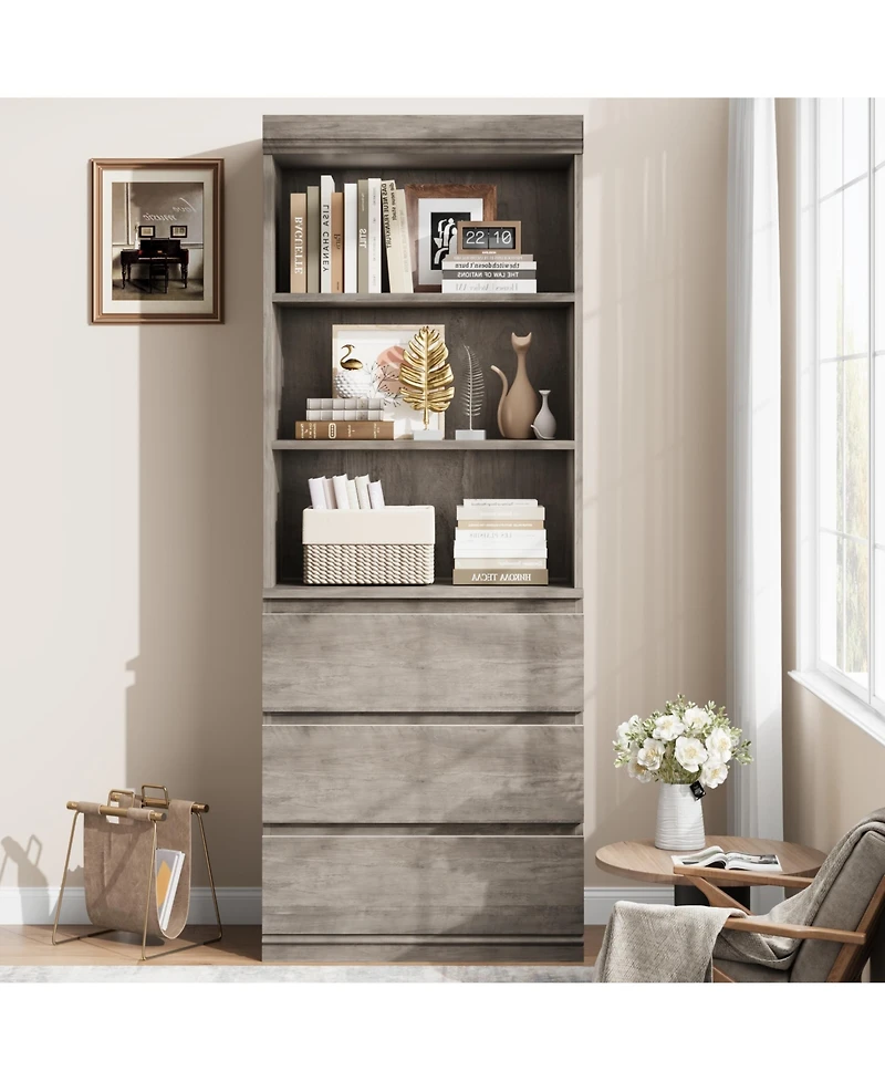 homfan 70" Tall Bookcase with 3 Drawers and 3 Open Shelves, Modern Storage