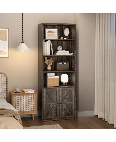 homfan 71.4" Tall Industrial Large Bookcase with Doors Floorstanding Shelving Unit with Storage Shelves for Living Room, Bedroom or Office
