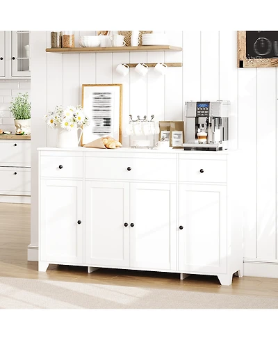 homfan 55" Buffet Cabinet Farmhouse Sideboard with 3 Drawers and 4 Doors, Coffee Bar Storage with Adjustable Shelf
