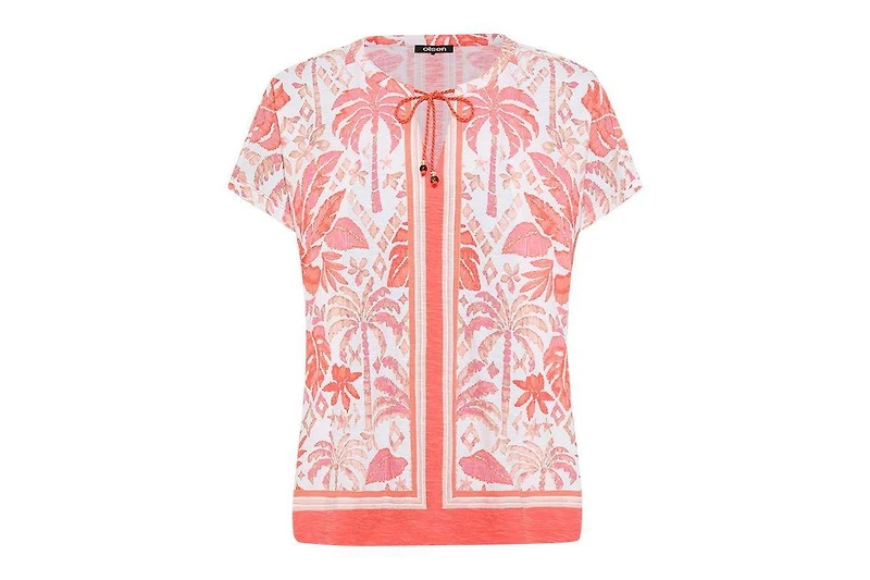 Olsen Women's Ornamental Botanic Print Split Neck T-Shirt