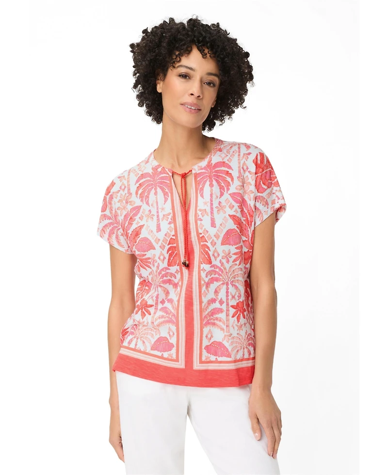 Olsen Women's Ornamental Botanic Print Split Neck T-Shirt