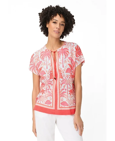 Olsen Women's Ornamental Botanic Print Split Neck T-Shirt