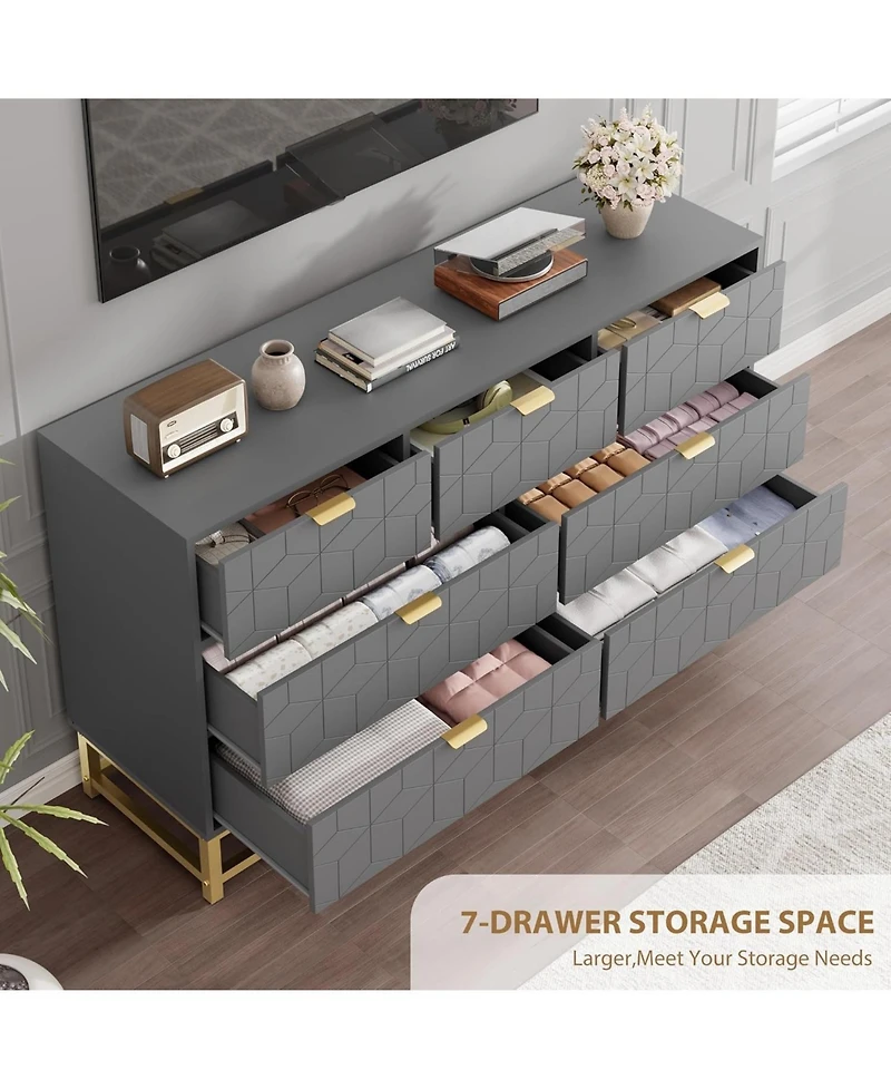 gaomon Dresser for Bedroom, 53.5" Wide Dresser Organizer, 7 Drawer with Golden Metal Handle and Legs, Modern Chest of Drawers for Closet, Hallway