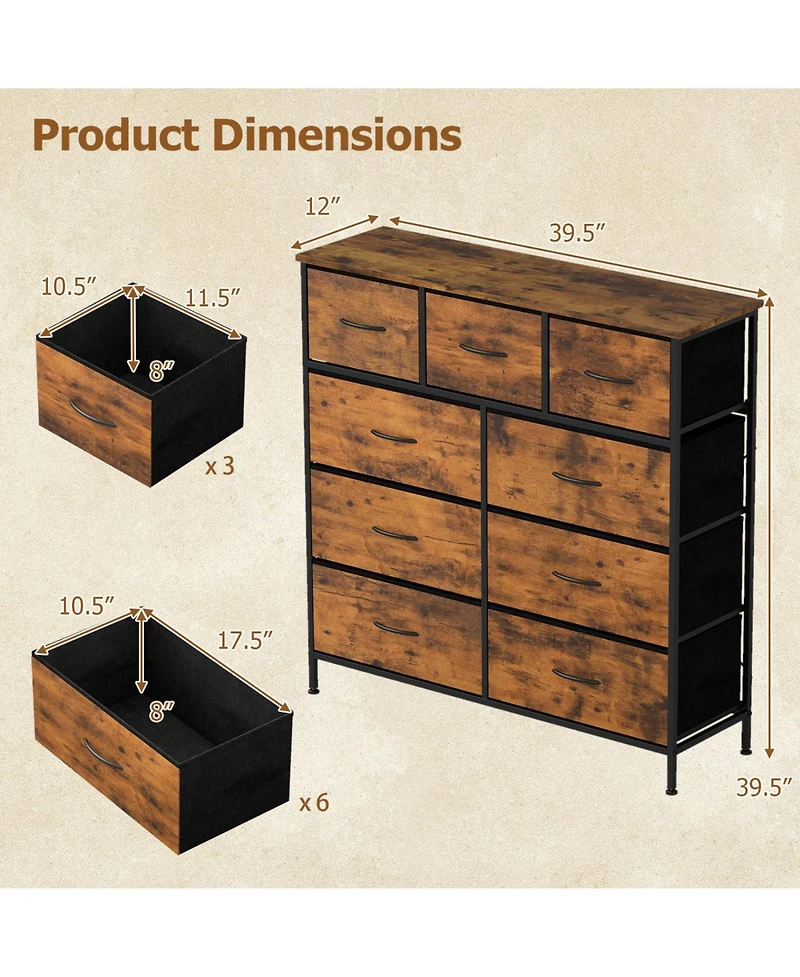 Slickblue Bedroom Storage Dresser with 9 Fabric Drawers and Wooden Top Frame