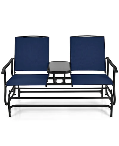 Slickblue Double Rocking Patio Loveseat with Tempered Glass Table and Mesh Fabric