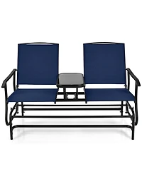 Slickblue Double Rocking Patio Loveseat with Tempered Glass Table and Mesh Fabric