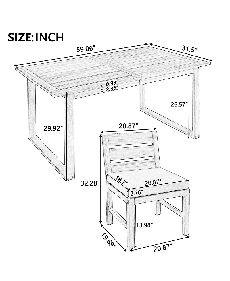 Asagikoiai Farmhouse 5-Piece Acacia Wood Patio Dining Set with Adjustable Legs