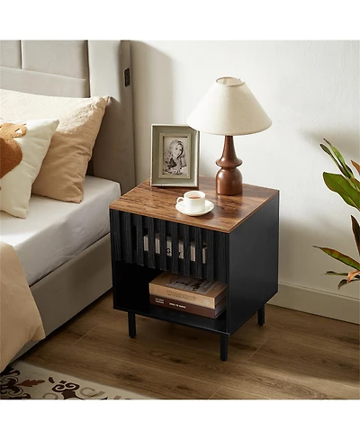 Clihome 2 Set Nightstands with Grille Striped Doors, Bedside Table with Slatted Drawer Decor, Metal Legs