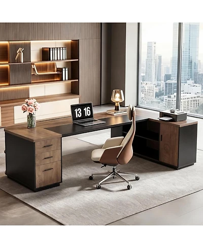 Tribesigns 86.6" L-Shaped Executive Desk: Large computer desk with drawers and storage cabinet. Modern workstation for home office