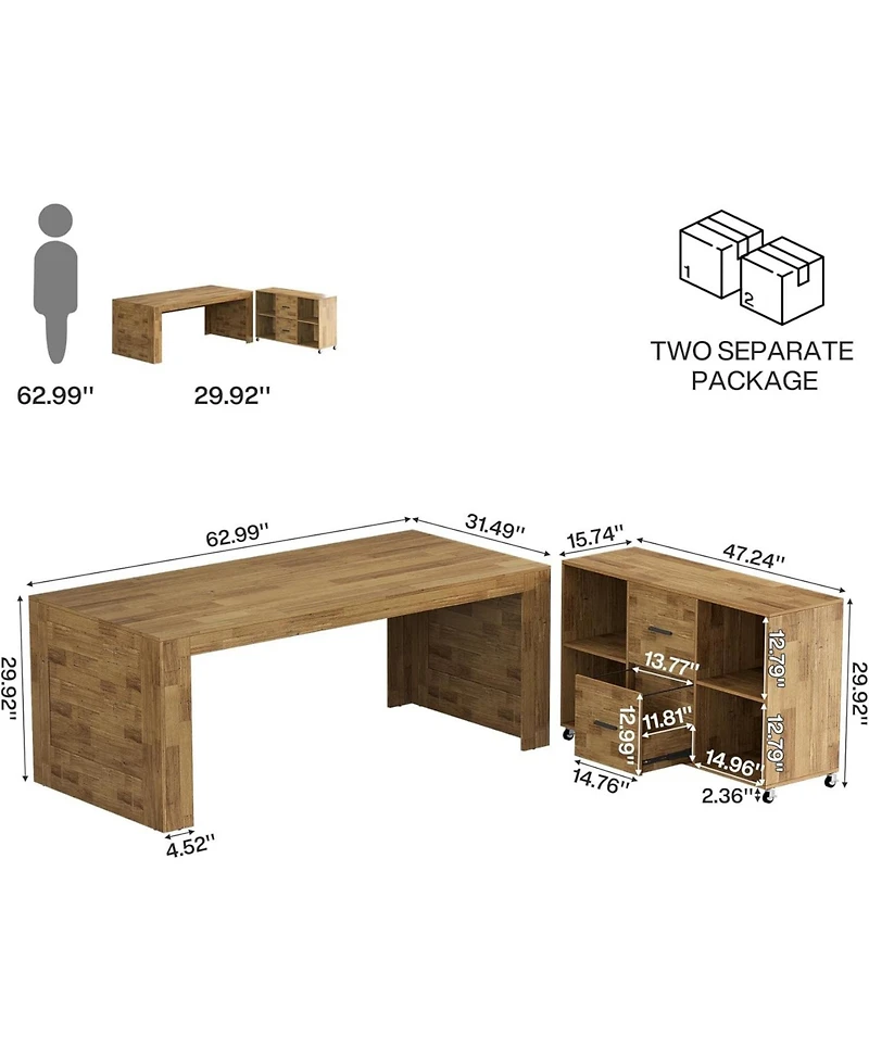 Tribesigns 63" Desk and 47" Rolling File Cabinet: L-shaped computer desk with drawers and shelves. Rustic home office furniture