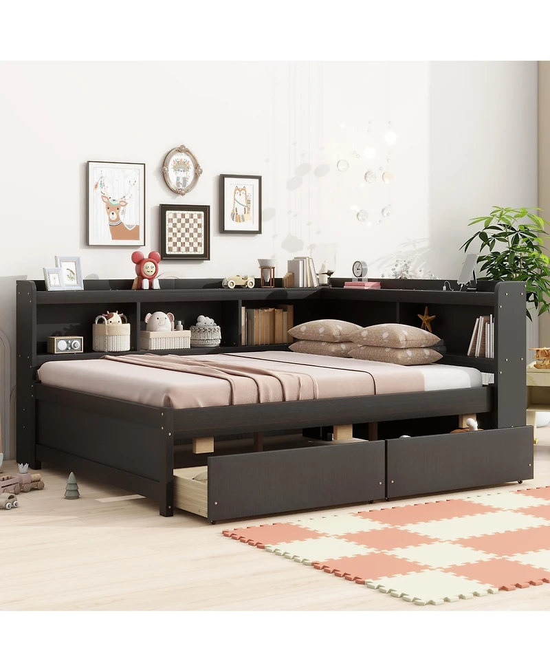 Sailvan L-shaped Bookcases Bed with Power Outlets, Usb Charging Ports,Two Drawers
