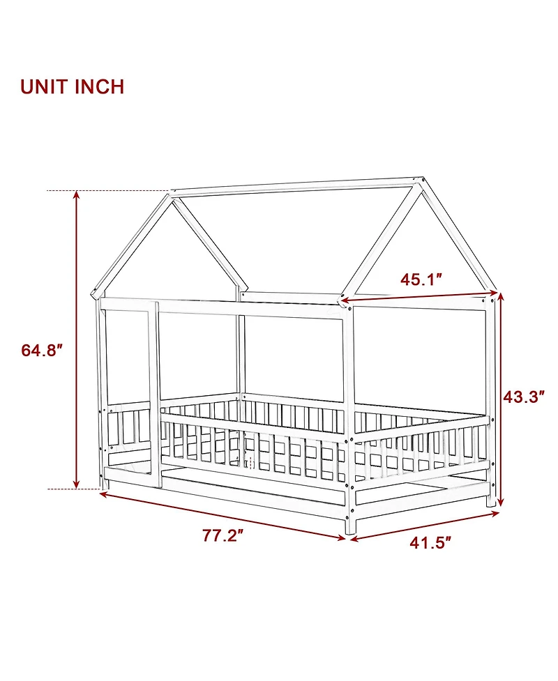 Sailvan House Floor Wooden Bed with Roof Frame,Safety Guardrails