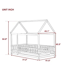 Sailvan House Floor Wooden Bed with Roof Frame,Safety Guardrails