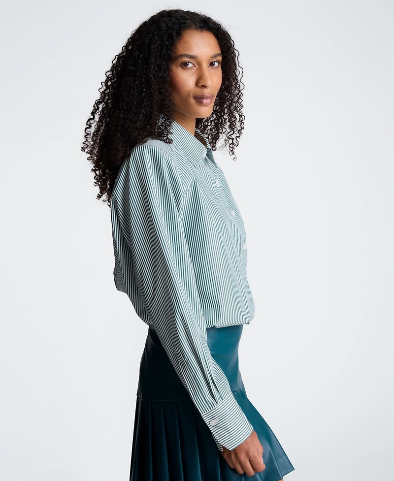 Kenneth Cole Women's Striped Shoulder Pads Button-Down Crop Shirt