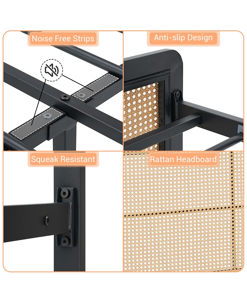 homfan Rattan Platform Bed Frame with Led Headboard, Modern Boho Cane Style, Heavy Duty Metal Frame, Steel Slats, No Box Spring Needed