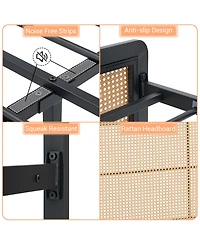 homfan Rattan Platform Bed Frame with Led Headboard, Modern Boho Cane Style, Heavy Duty Metal Frame, Steel Slats, No Box Spring Needed