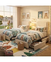 homfan 2 Pieces Twin Teddy Fleece Bed Frame, Upholstered Platform Bed with 2 Storage Drawers, Adjustable Headboard for Kids Teens, No Box Spring need