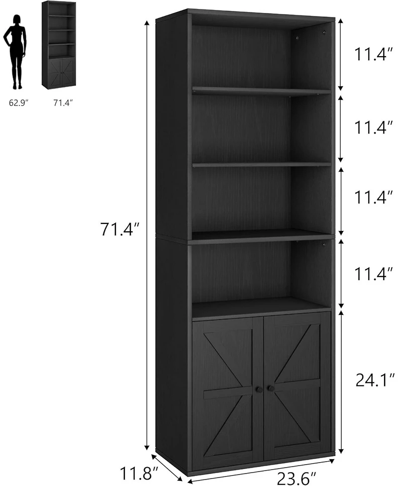 homfan Set of 2 Industrial Bookcase with Doors 71.4" Tall Bookshelf with Storage Shelves for Living Room, Bedroom or Office