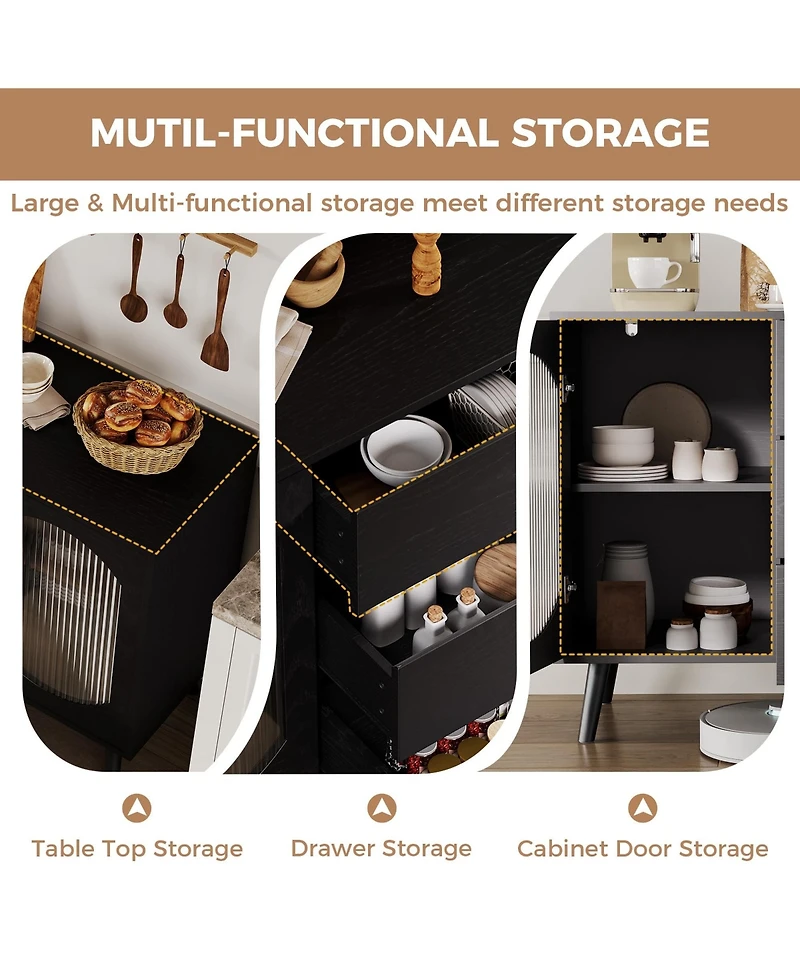 homfan 52.7'' Buffet Cabinet with 2 Fluted Glass Doors, 3 Drawers and Adjustable Shelves, Storage Sideboard for Kitchen, Dining Room or Living Room